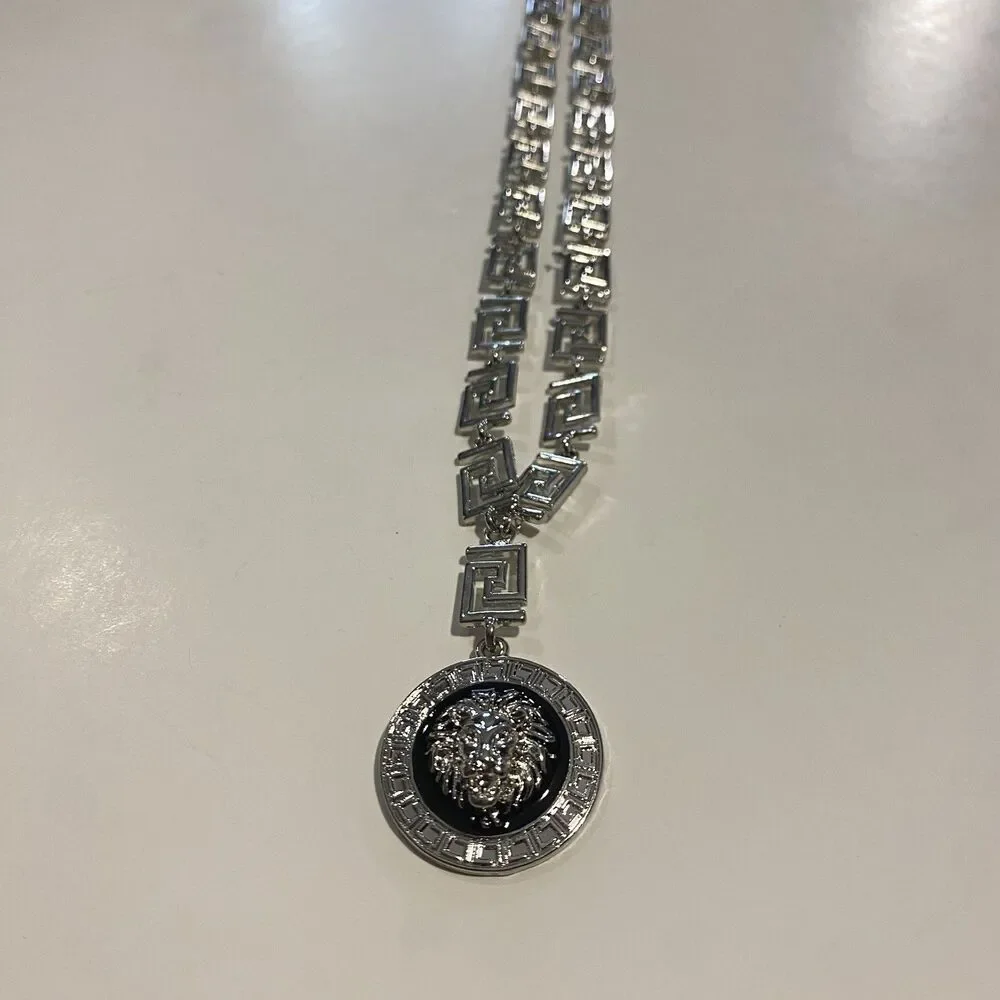 Silver Tone Greek Meander Link Necklace with Black Lion Medallion Pendant Charm